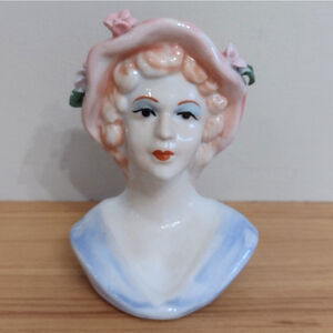 Vintage Porcelain Lady Head Vase Red Head Blue Dress Pink Flower Hat